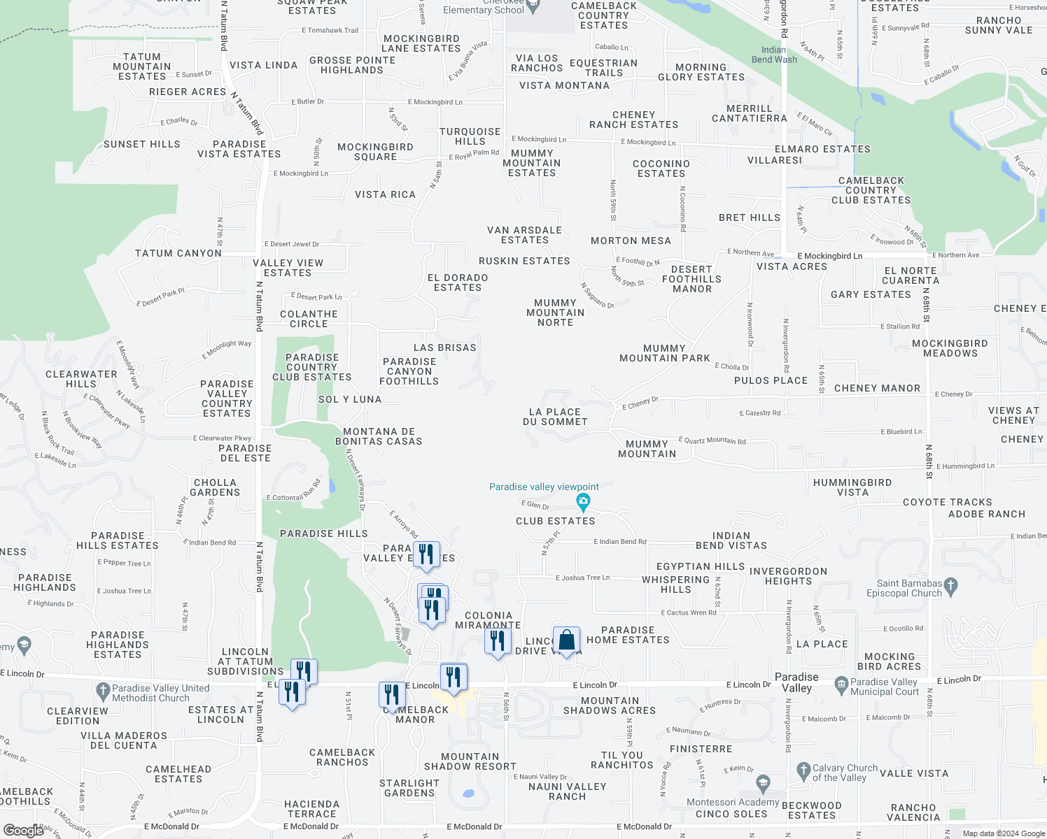 map of restaurants, bars, coffee shops, grocery stores, and more near 5678 East Cheney Drive in Paradise Valley
