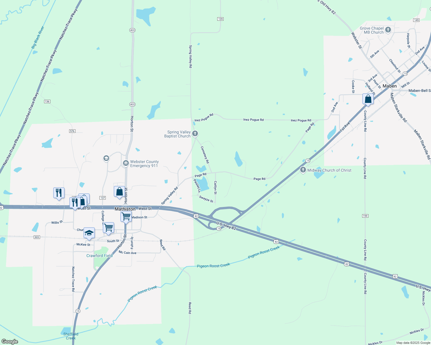 map of restaurants, bars, coffee shops, grocery stores, and more near Kaitlyn St in Mathiston