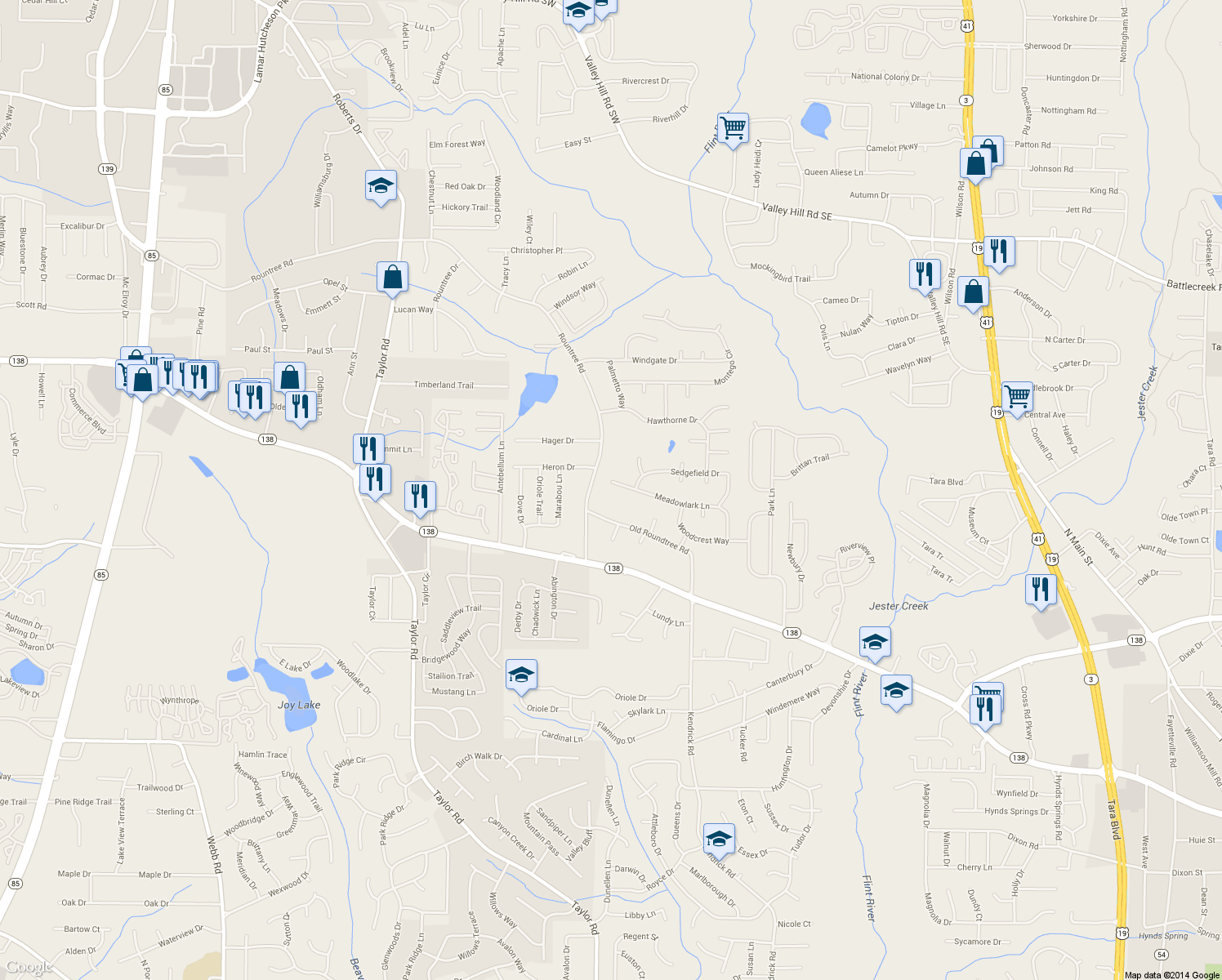 map of restaurants, bars, coffee shops, grocery stores, and more near 67 Meadowlark Lane in Jonesboro