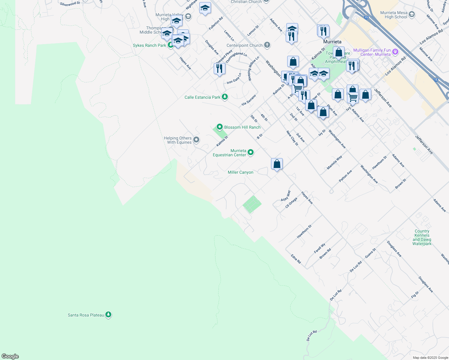 map of restaurants, bars, coffee shops, grocery stores, and more near 42915 Juniper Street in Murrieta