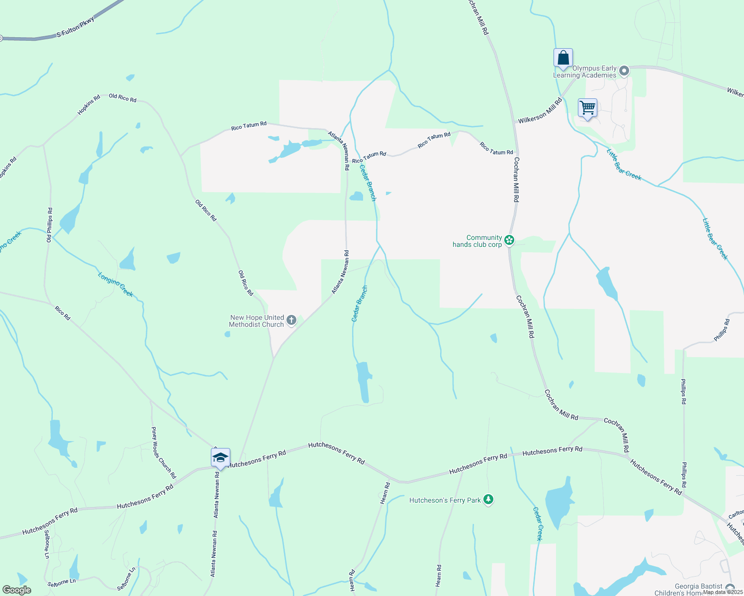 map of restaurants, bars, coffee shops, grocery stores, and more near 7790 Atlanta Newnan Road in Palmetto
