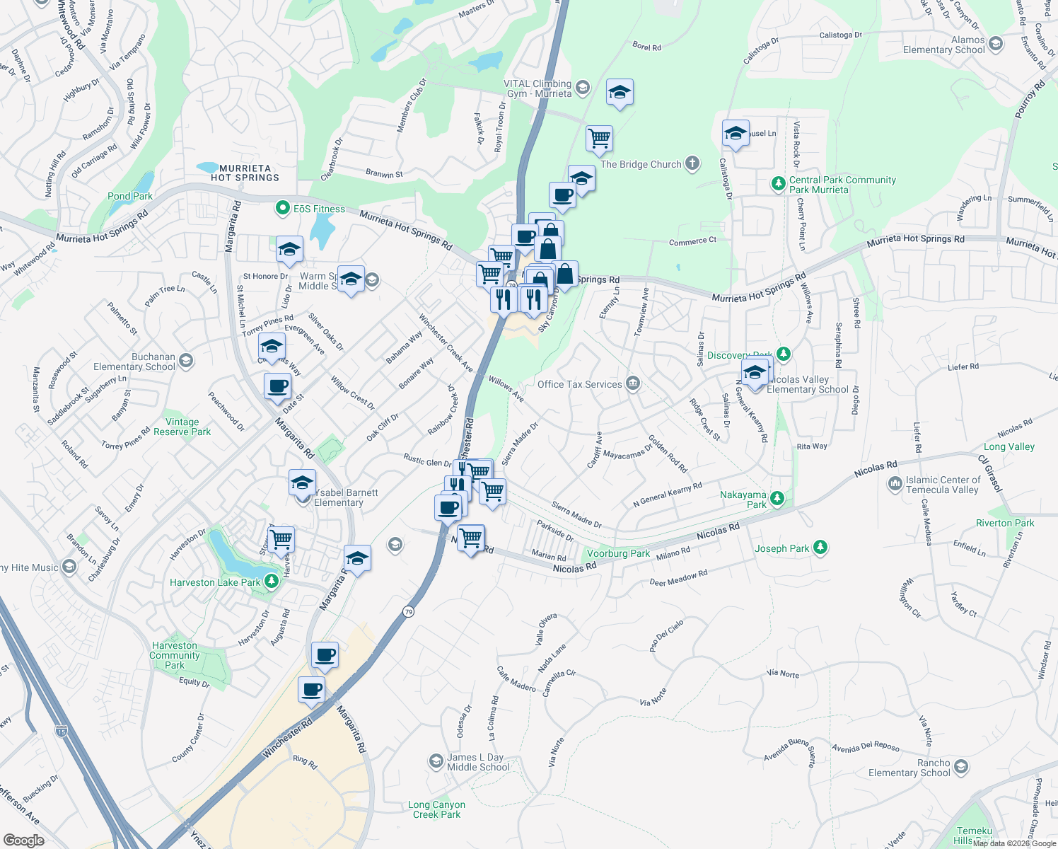 map of restaurants, bars, coffee shops, grocery stores, and more near 39531 Sierra Madre Drive in Murrieta