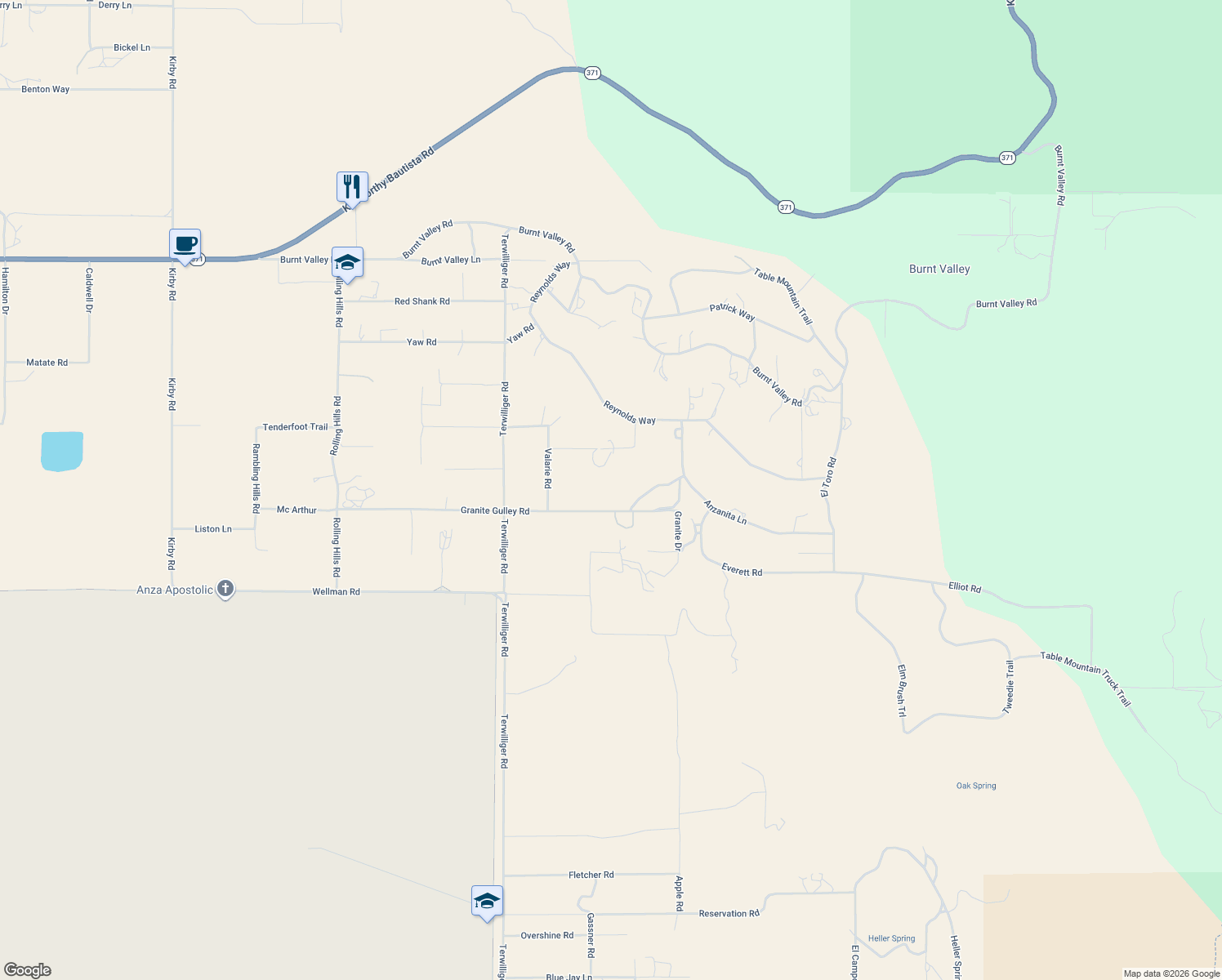 map of restaurants, bars, coffee shops, grocery stores, and more near 59270 Granite Gulley Road in Anza