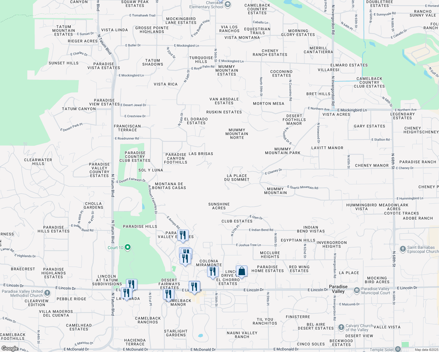 map of restaurants, bars, coffee shops, grocery stores, and more near 5678 East Cheney Drive in Paradise Valley