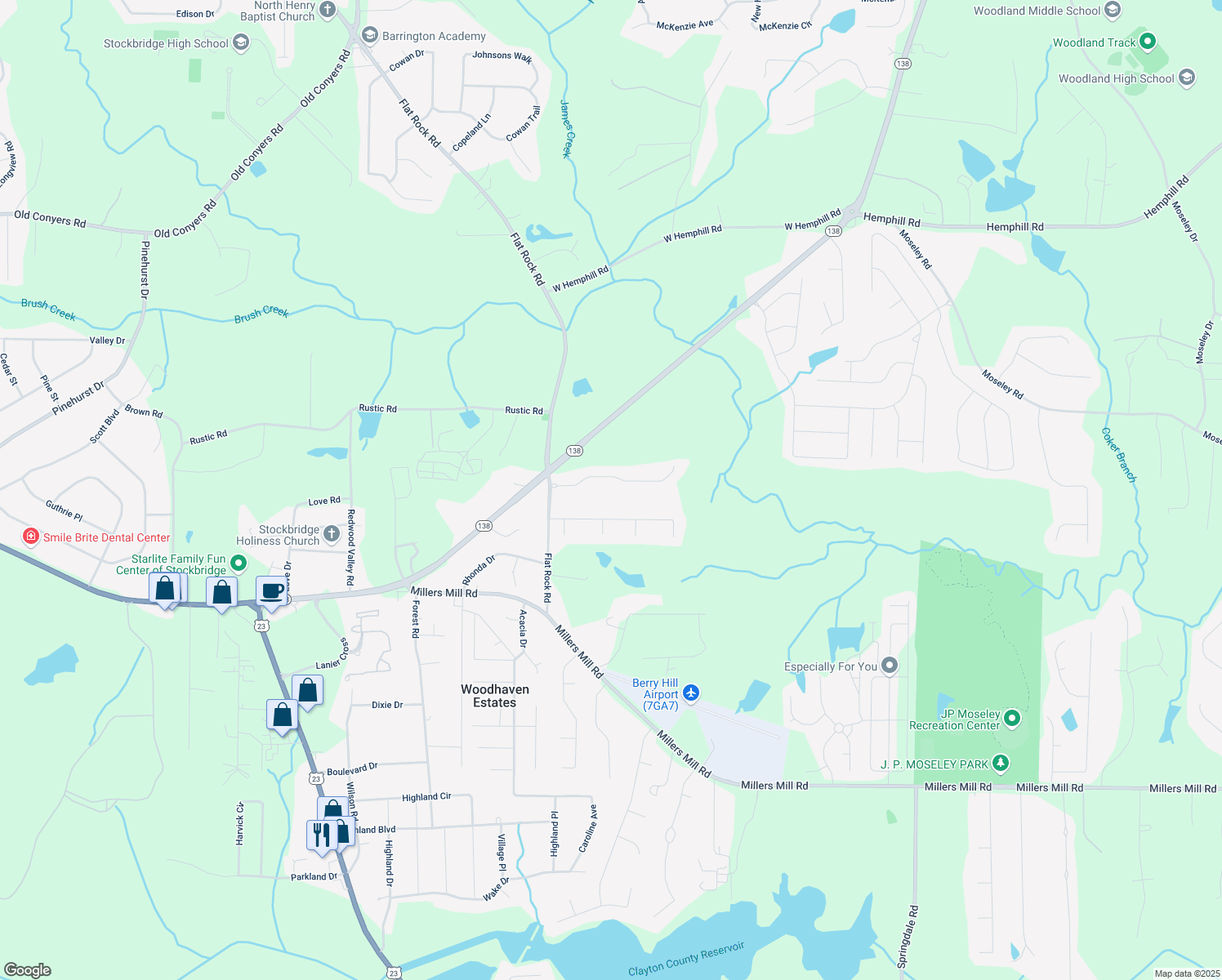 map of restaurants, bars, coffee shops, grocery stores, and more near 126 Oak Bend Drive in Stockbridge