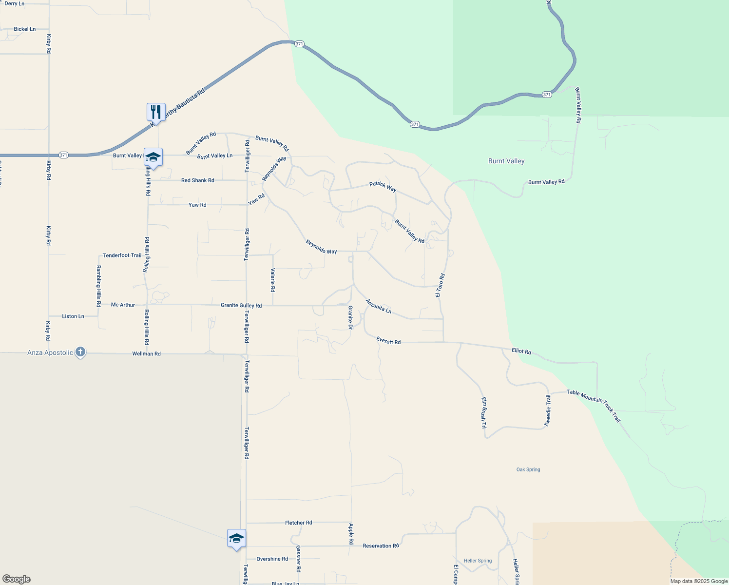 map of restaurants, bars, coffee shops, grocery stores, and more near Anzanita Lane in Anza