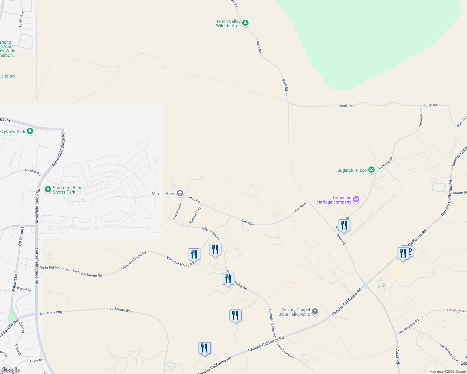 map of restaurants, bars, coffee shops, grocery stores, and more near 39526 Calle Cabernet in Temecula