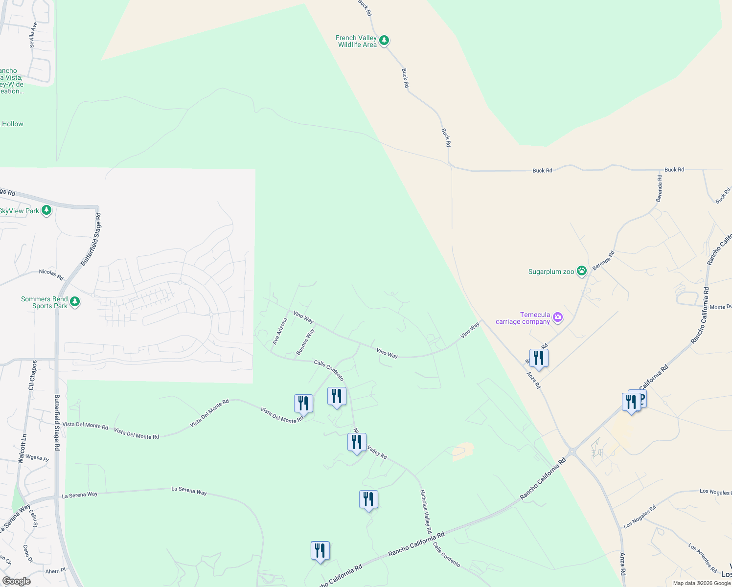 map of restaurants, bars, coffee shops, grocery stores, and more near 39526 Calle Cabernet in Temecula