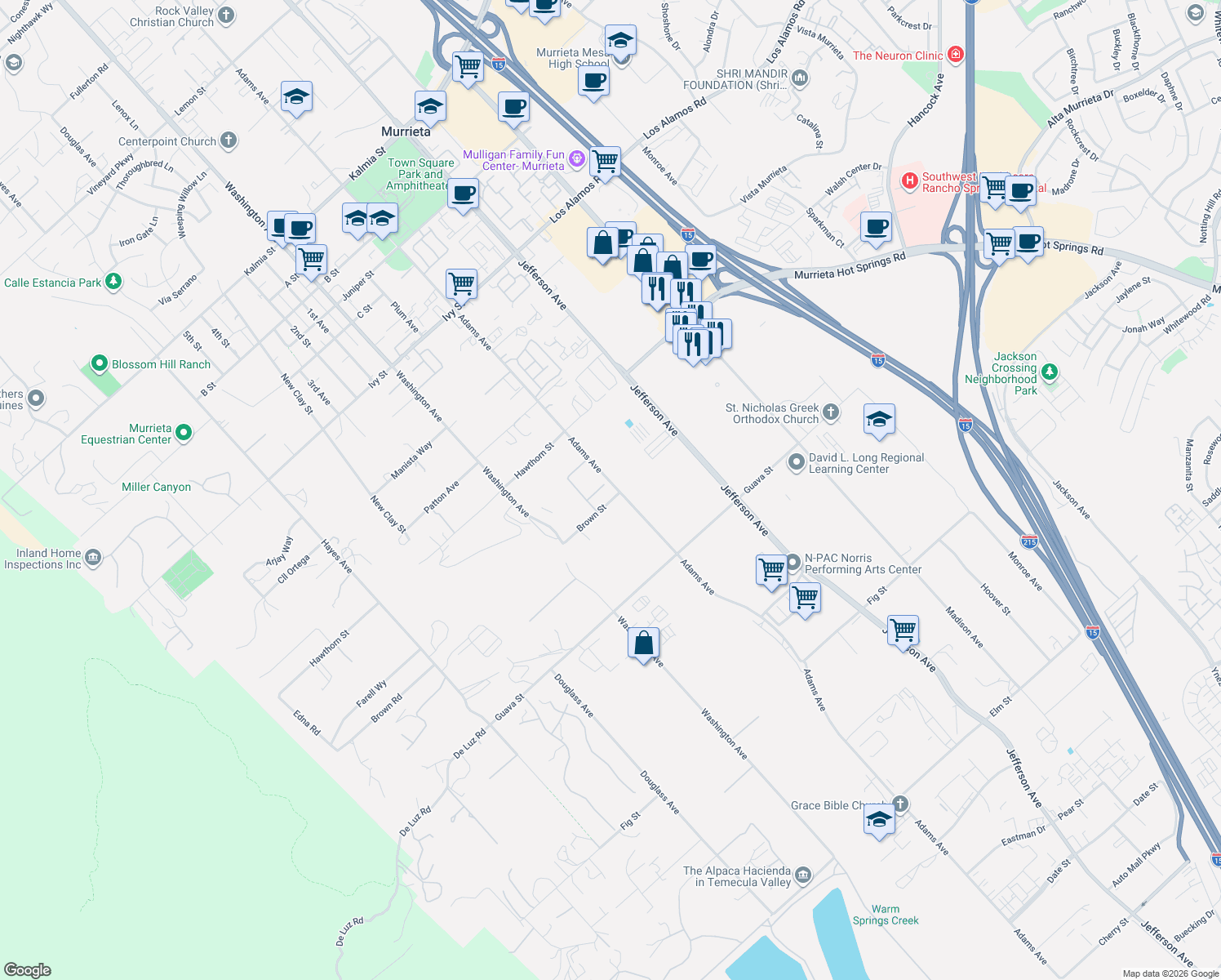 map of restaurants, bars, coffee shops, grocery stores, and more near 41782 Octavia Court in Murrieta