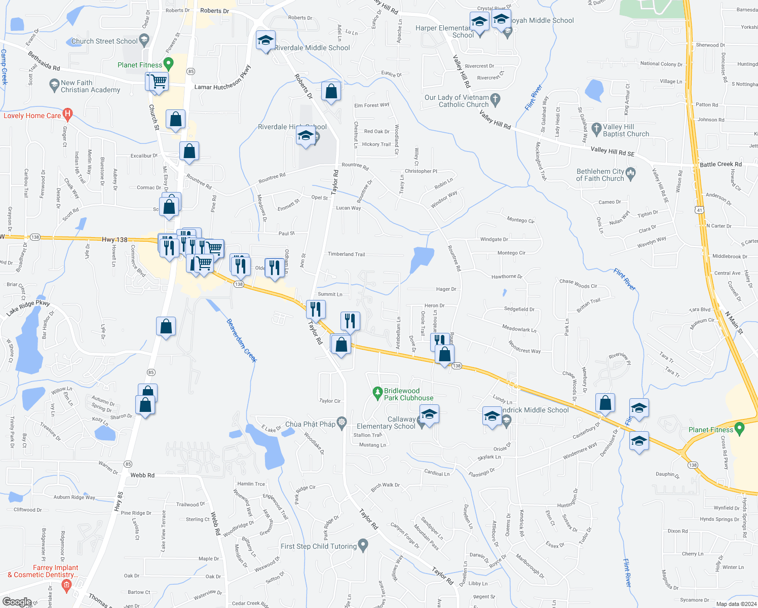 map of restaurants, bars, coffee shops, grocery stores, and more near 234 Antebellum Circle in Riverdale