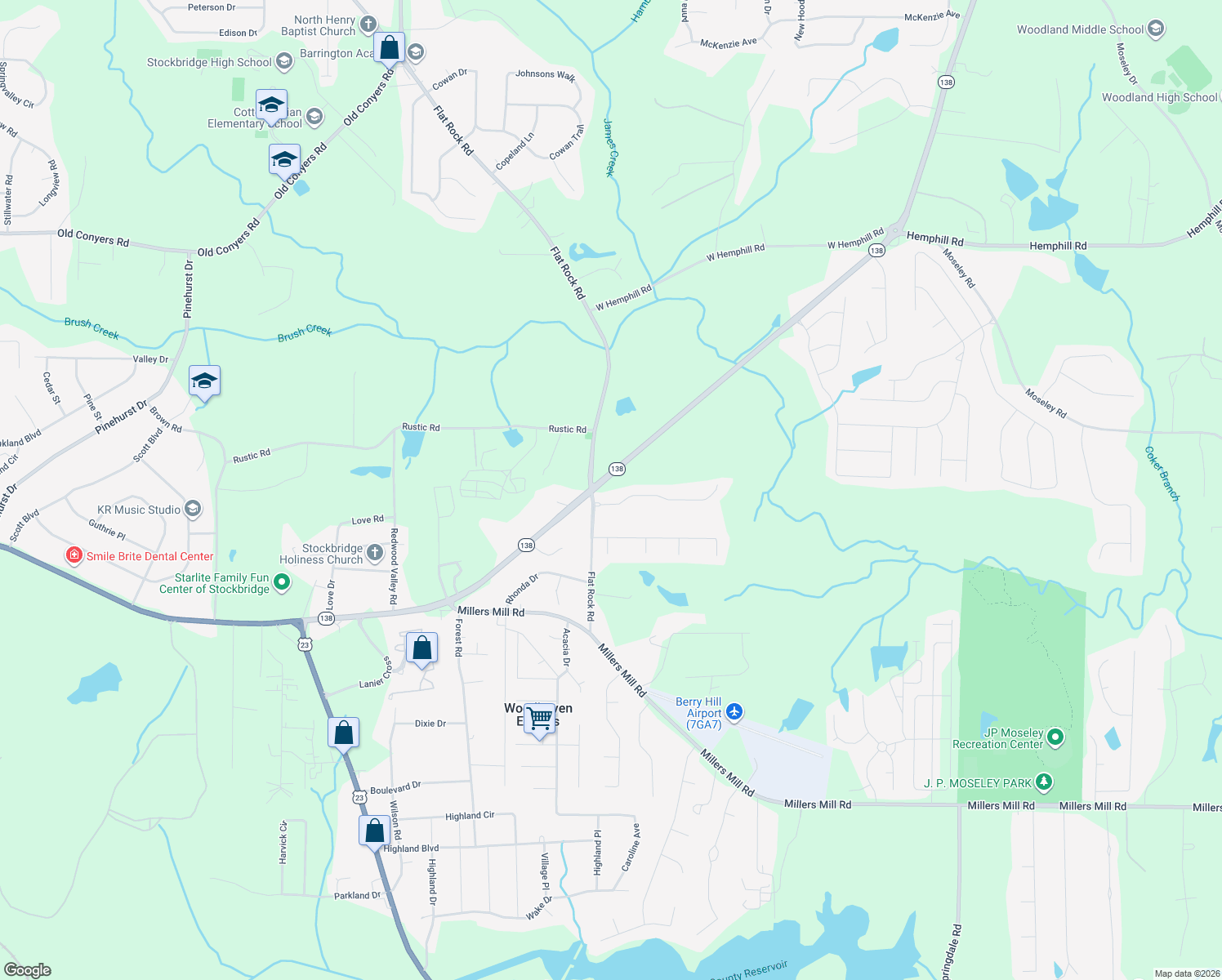map of restaurants, bars, coffee shops, grocery stores, and more near 105 Oak Bend Dr in Stockbridge