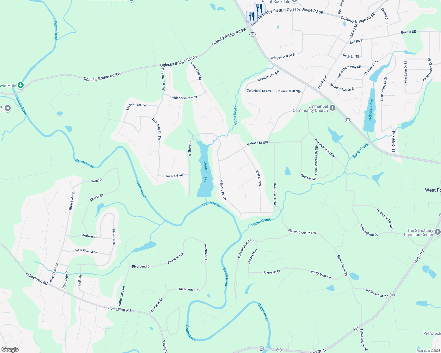 map of restaurants, bars, coffee shops, grocery stores, and more near East Shore Drive Southwest in Rockdale County