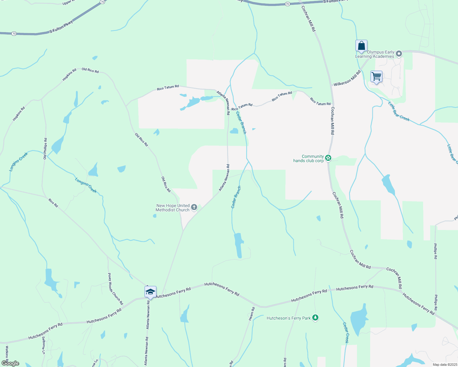 map of restaurants, bars, coffee shops, grocery stores, and more near 7750 Atlanta Newnan Road in Chattahoochee Hills