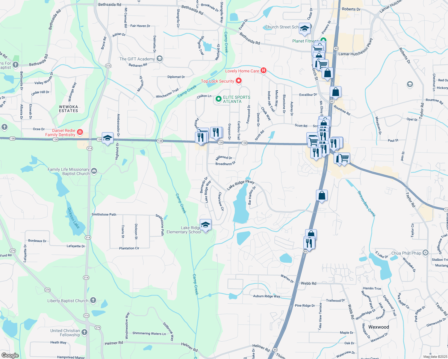 map of restaurants, bars, coffee shops, grocery stores, and more near 1202 West Briar Gate Court in Riverdale