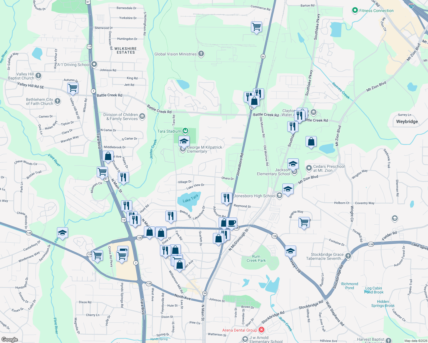 map of restaurants, bars, coffee shops, grocery stores, and more near 7619 Crimson Court in Jonesboro
