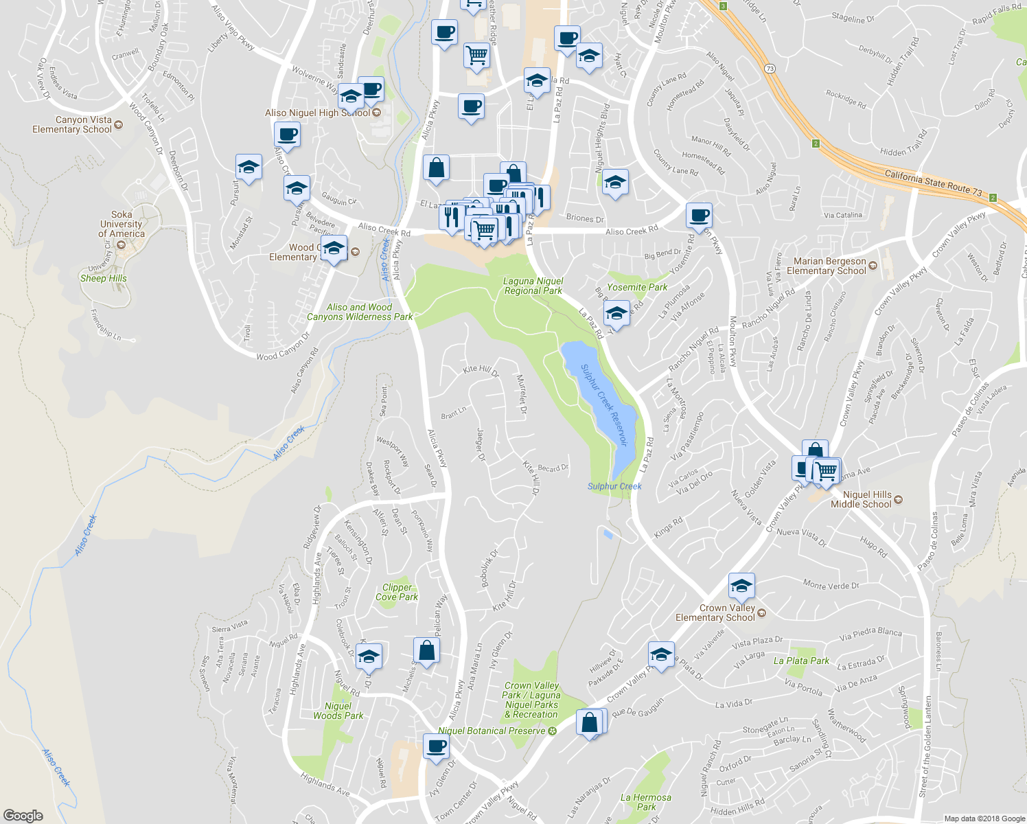 map of restaurants, bars, coffee shops, grocery stores, and more near 24036 Rail Circle in Laguna Niguel
