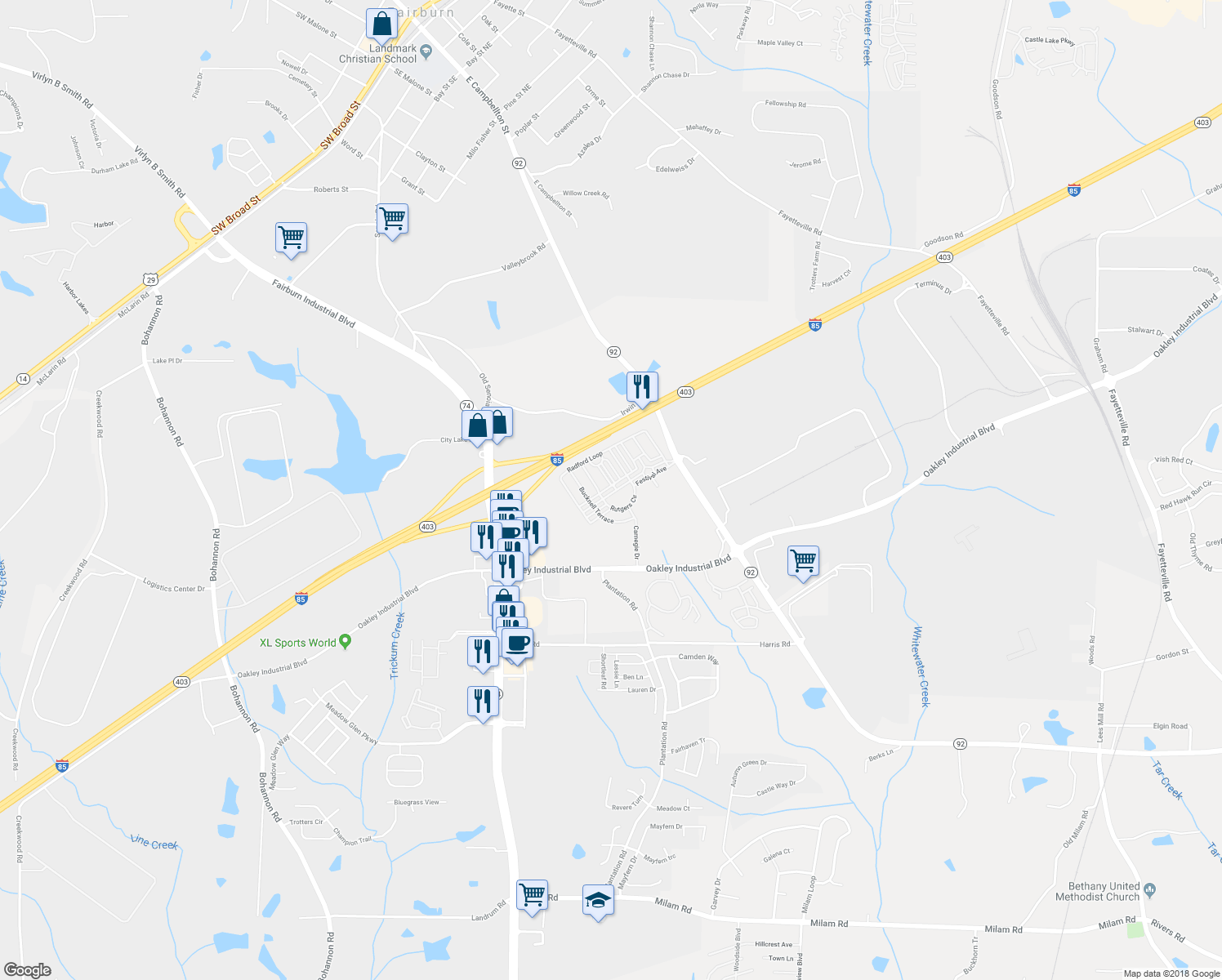 map of restaurants, bars, coffee shops, grocery stores, and more near 5529 Festival Ave in Fairburn
