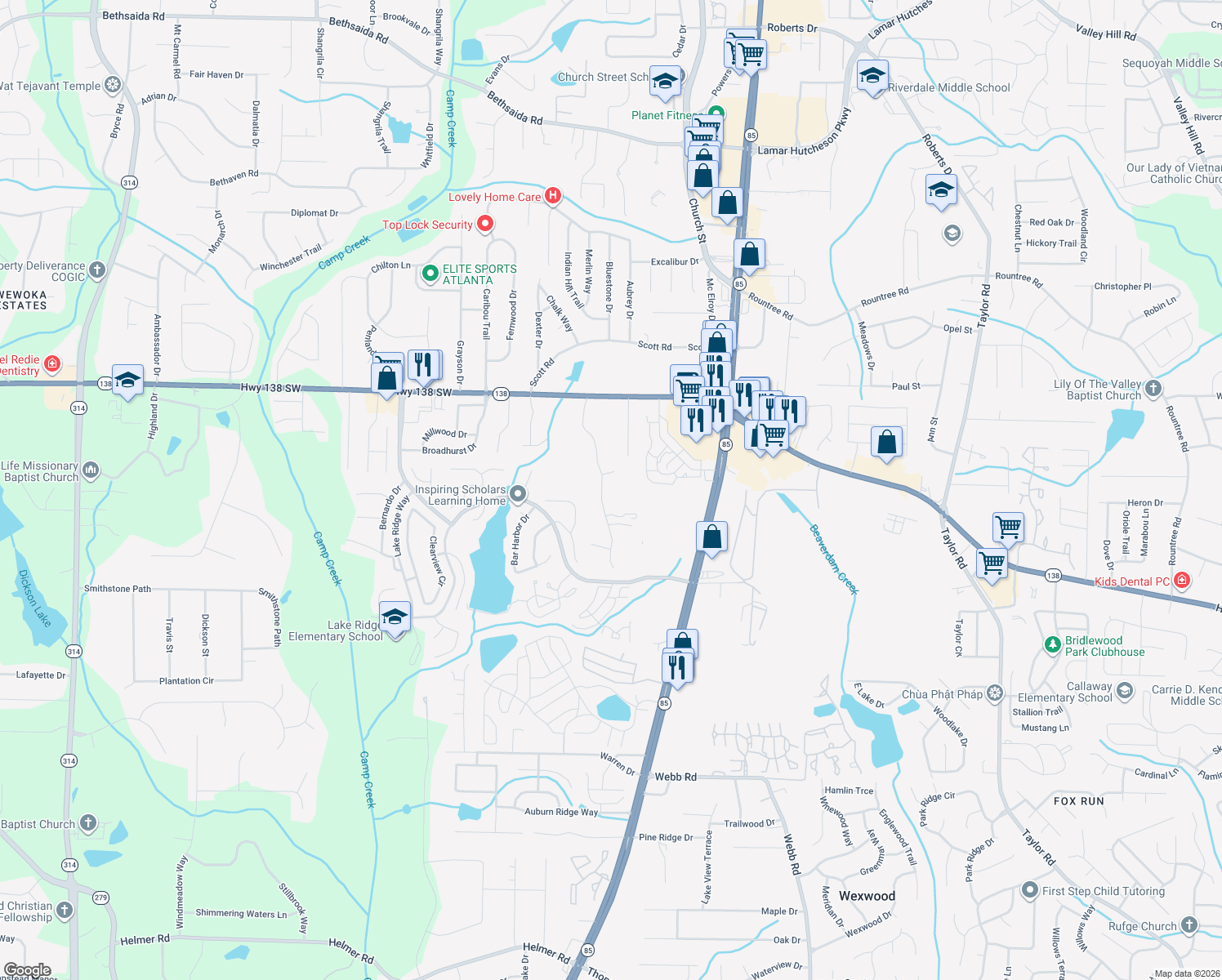 map of restaurants, bars, coffee shops, grocery stores, and more near 7664 Lyle Dr in Riverdale