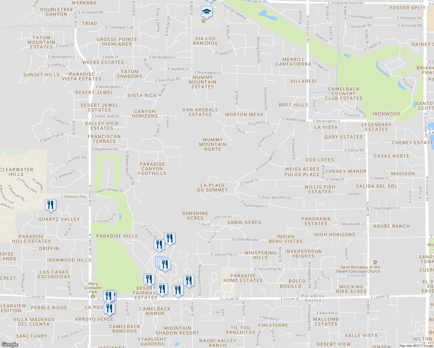map of restaurants, bars, coffee shops, grocery stores, and more near 5750 East Cheney Drive in Paradise Valley