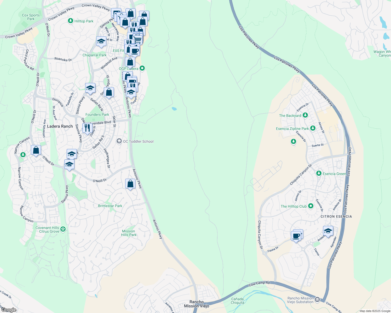 map of restaurants, bars, coffee shops, grocery stores, and more near 401 Potter Way in Ladera Ranch