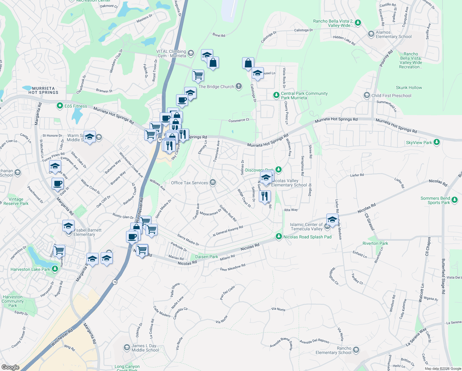 map of restaurants, bars, coffee shops, grocery stores, and more near Willows Avenue in Murrieta