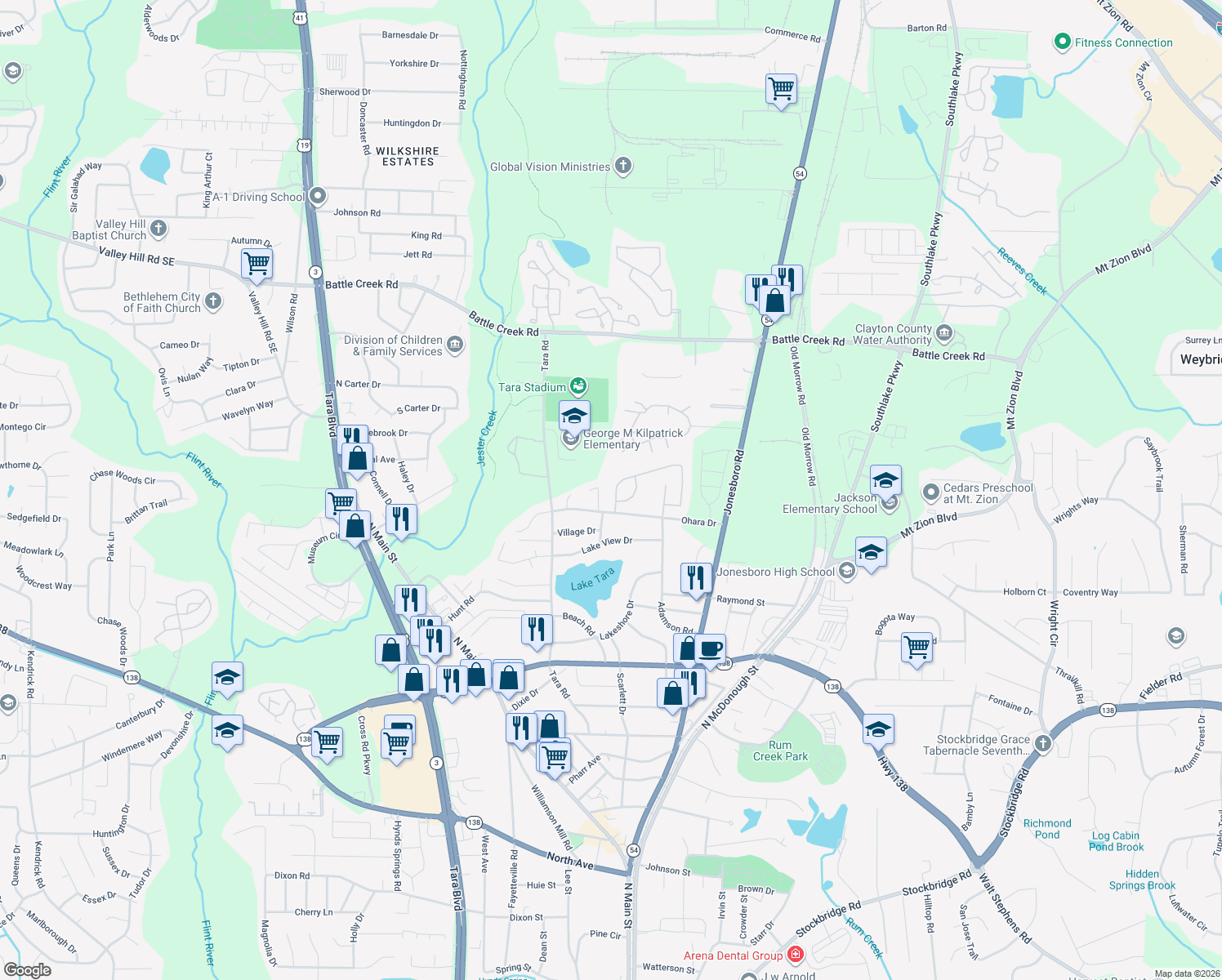 map of restaurants, bars, coffee shops, grocery stores, and more near 7613 Garnet Dr in Jonesboro