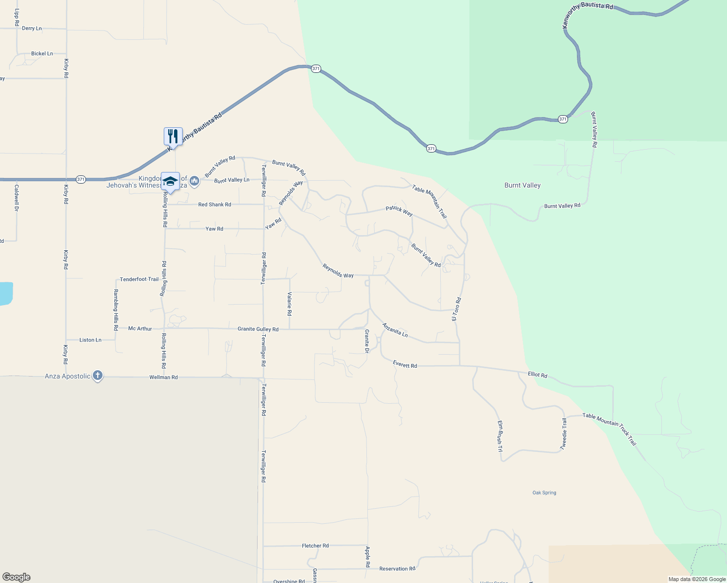 map of restaurants, bars, coffee shops, grocery stores, and more near 39575 Anzanita Lane in Anza