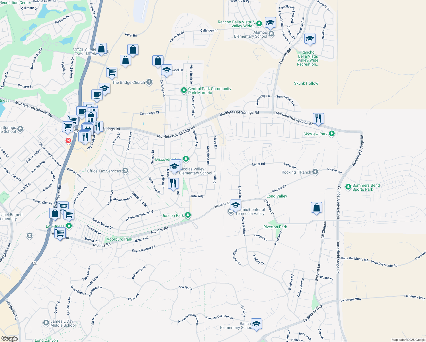 map of restaurants, bars, coffee shops, grocery stores, and more near 39493 Diego Drive in Temecula