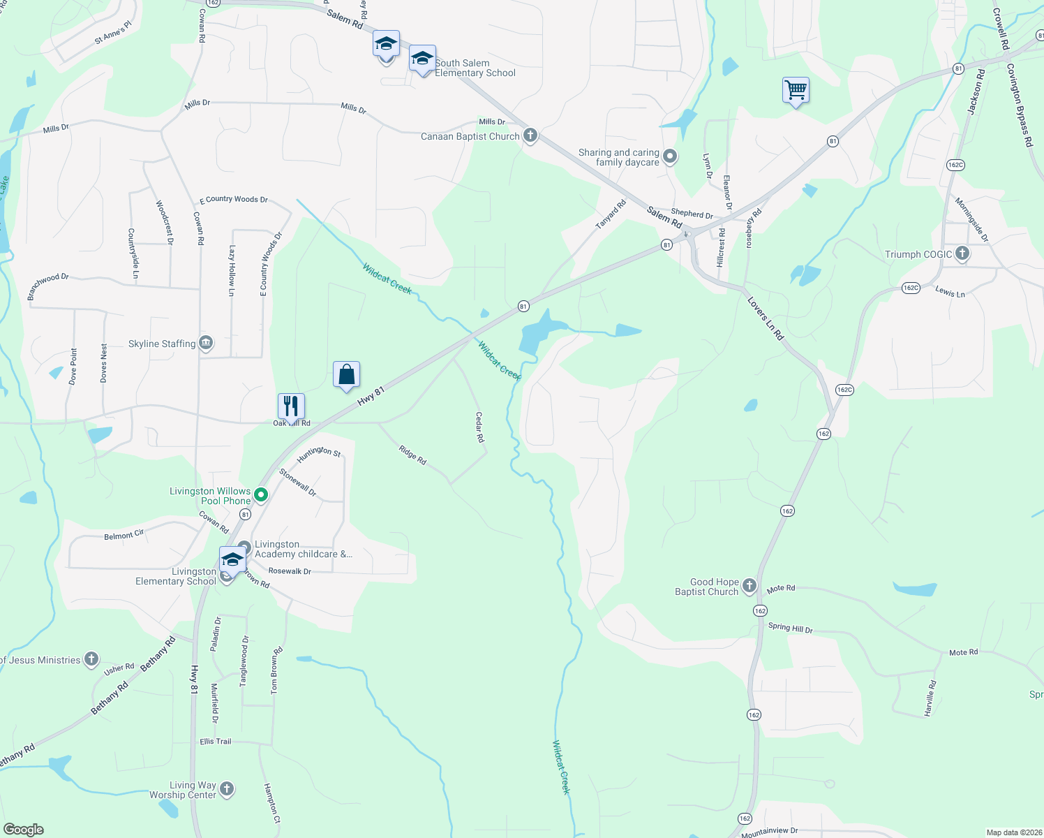 map of restaurants, bars, coffee shops, grocery stores, and more near 210 Lakeside Drive in Covington