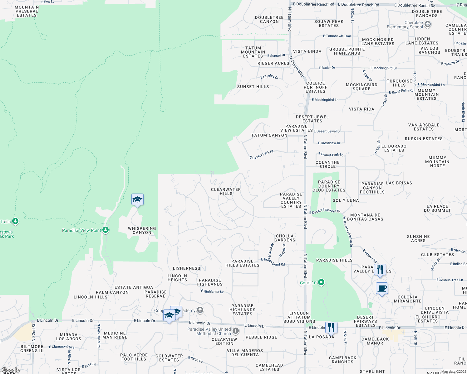 map of restaurants, bars, coffee shops, grocery stores, and more near 4427 East Moonlight Way in Paradise Valley