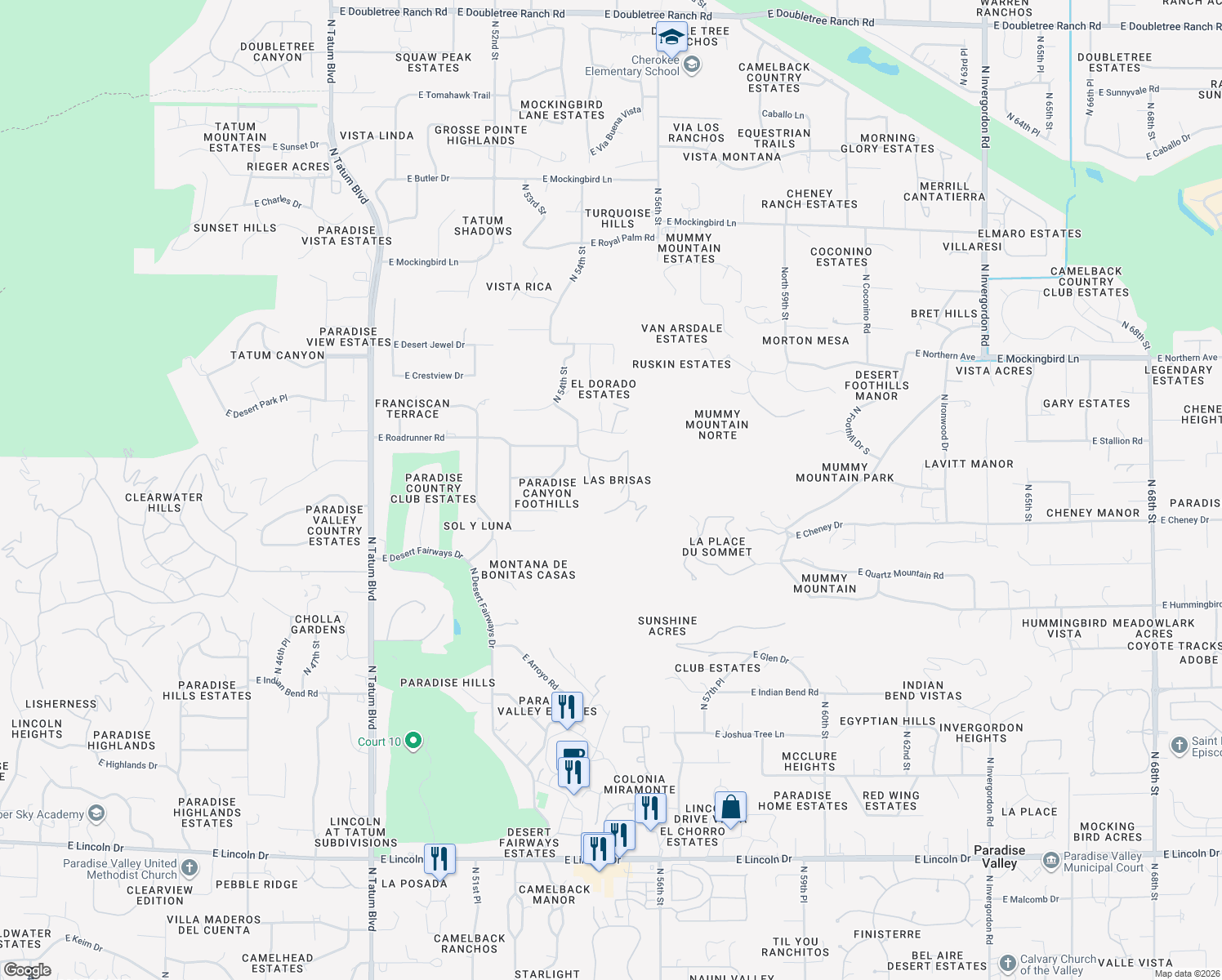 map of restaurants, bars, coffee shops, grocery stores, and more near 5525 East Roadrunner Road in Paradise Valley