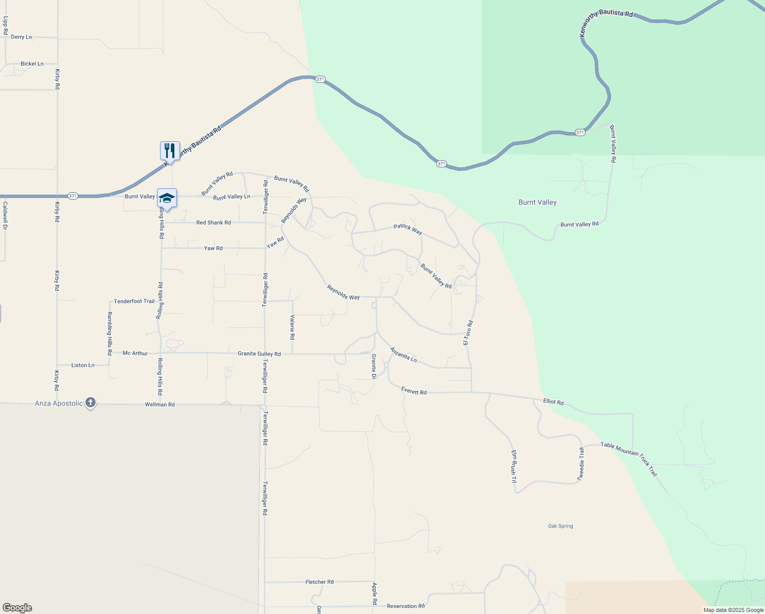 map of restaurants, bars, coffee shops, grocery stores, and more near 59551 Reynolds Way in Anza