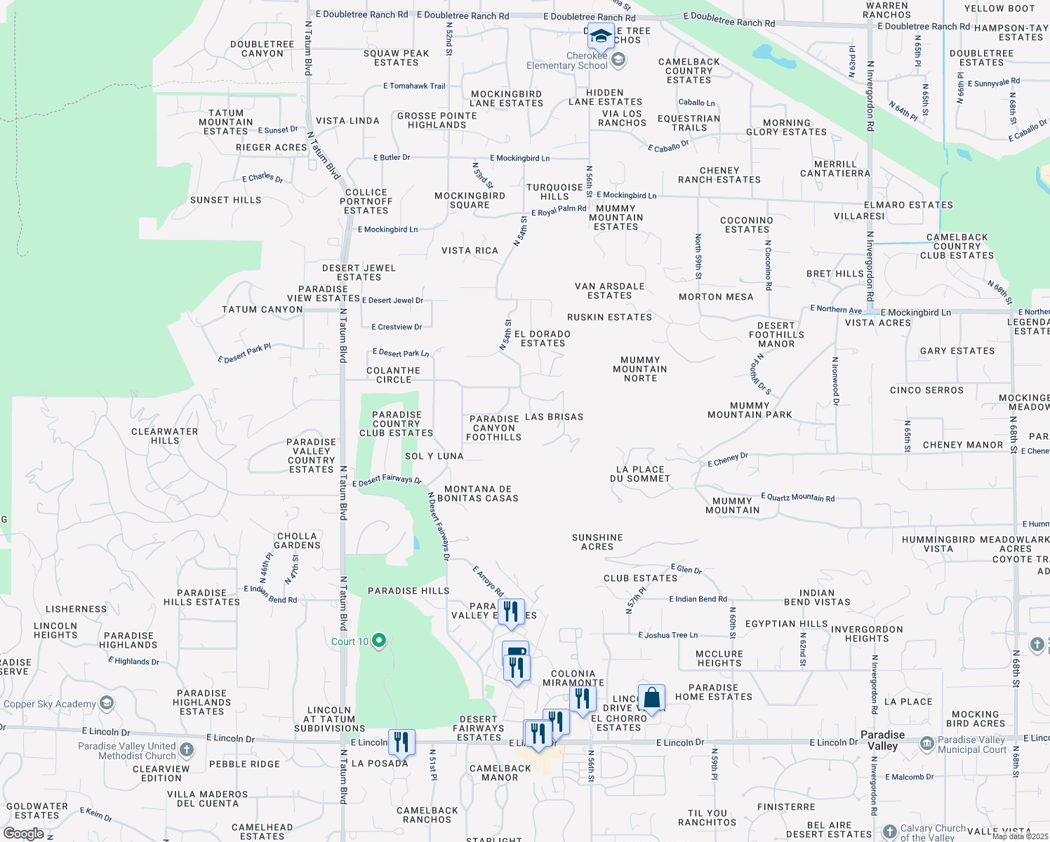 map of restaurants, bars, coffee shops, grocery stores, and more near 5407 East Roadrunner Road in Paradise Valley