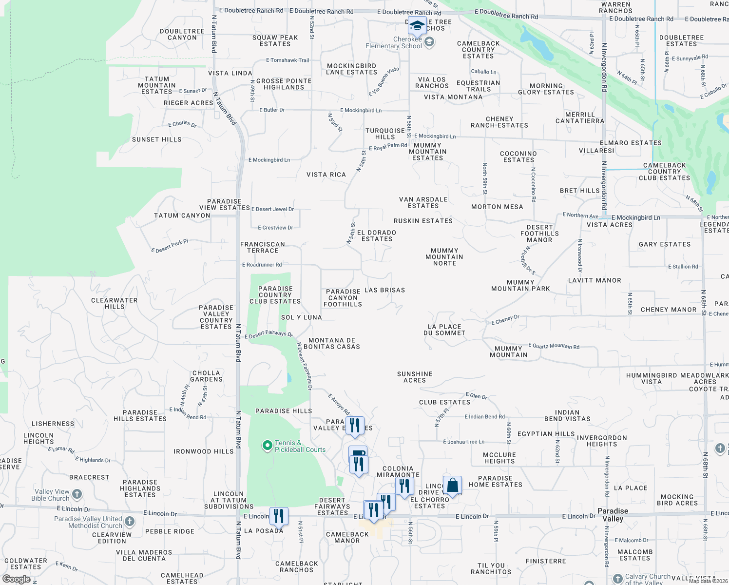 map of restaurants, bars, coffee shops, grocery stores, and more near 5407 East Roadrunner Road in Paradise Valley