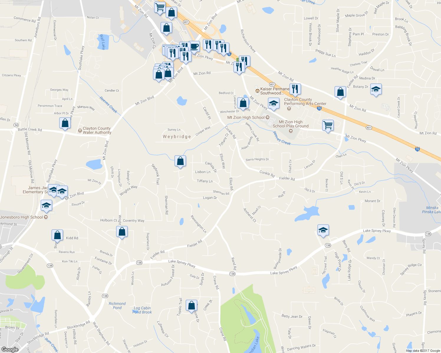map of restaurants, bars, coffee shops, grocery stores, and more near 7582 Carlisle Drive in Jonesboro