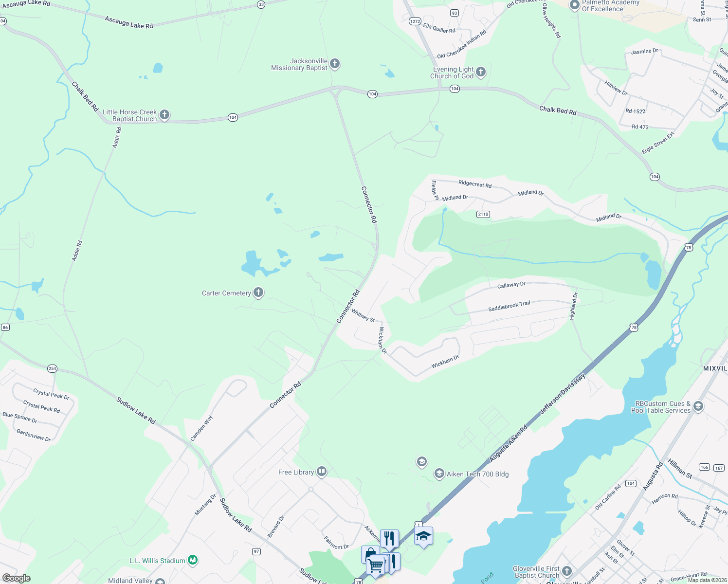map of restaurants, bars, coffee shops, grocery stores, and more near 358 Connector Road in Graniteville