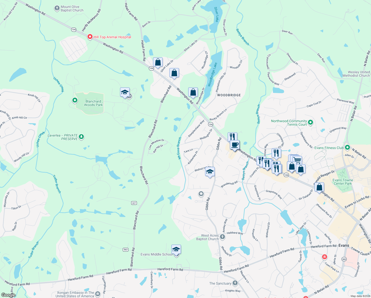 map of restaurants, bars, coffee shops, grocery stores, and more near 659 Tara Ln in Evans