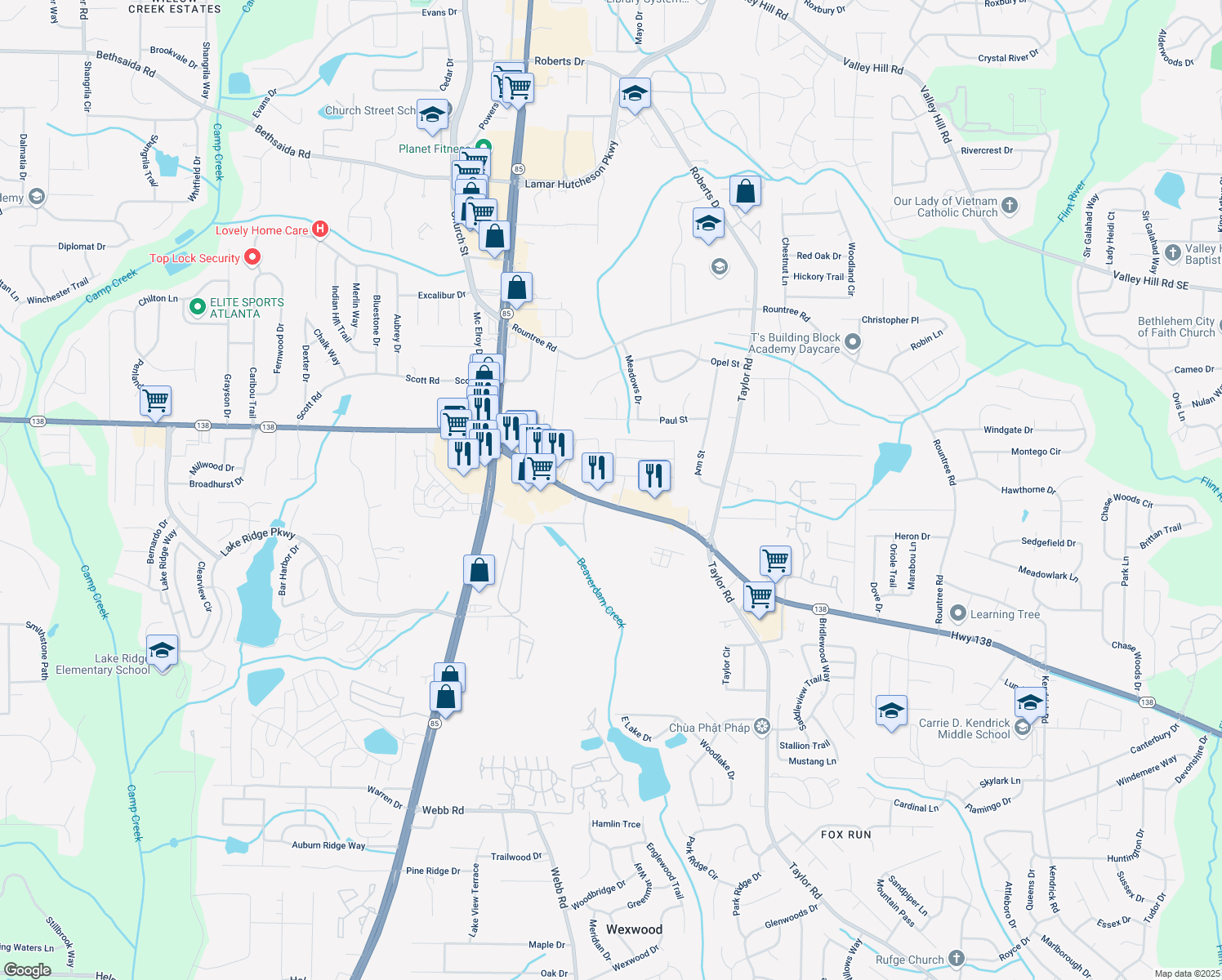map of restaurants, bars, coffee shops, grocery stores, and more near 555 Georgia 138 in Riverdale