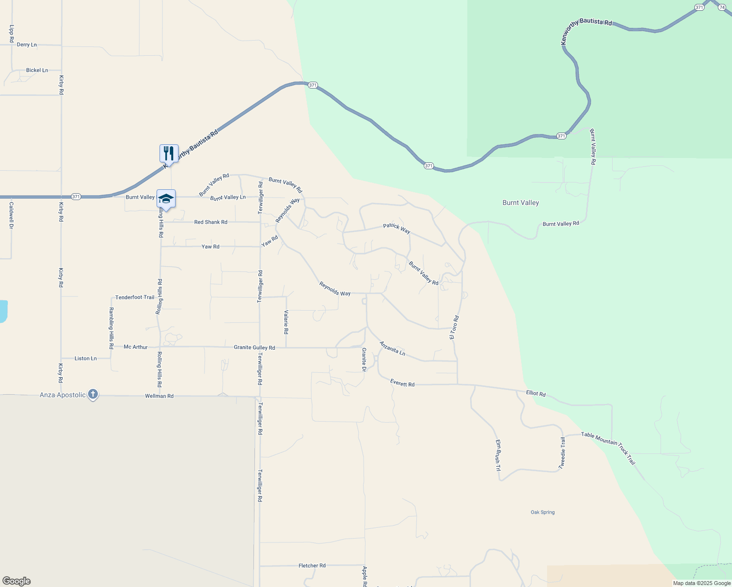 map of restaurants, bars, coffee shops, grocery stores, and more near Reynolds Way in Anza
