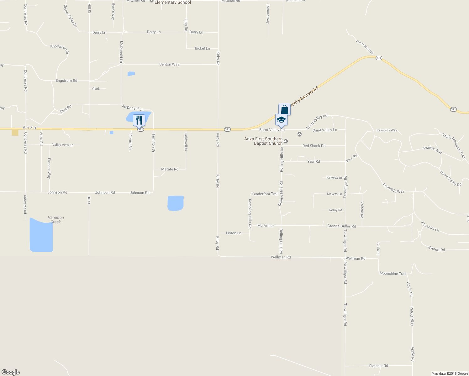 map of restaurants, bars, coffee shops, grocery stores, and more near 39450 Kirby Road in Anza