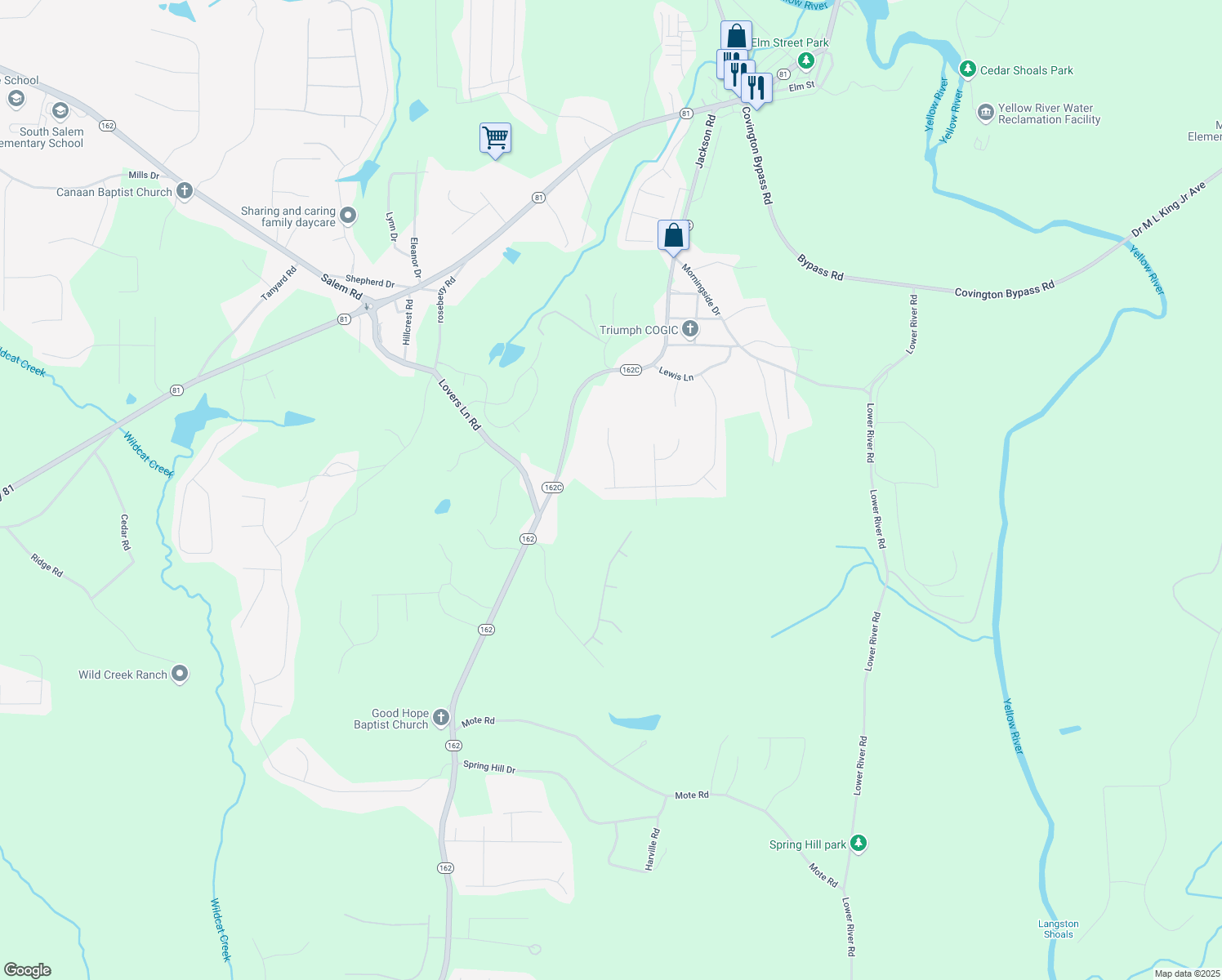 map of restaurants, bars, coffee shops, grocery stores, and more near 285 Green Commons Drive in Covington