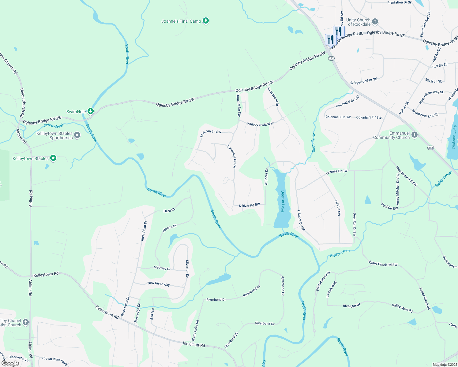 map of restaurants, bars, coffee shops, grocery stores, and more near 5401 Confederate Camp Circle Southwest in Conyers