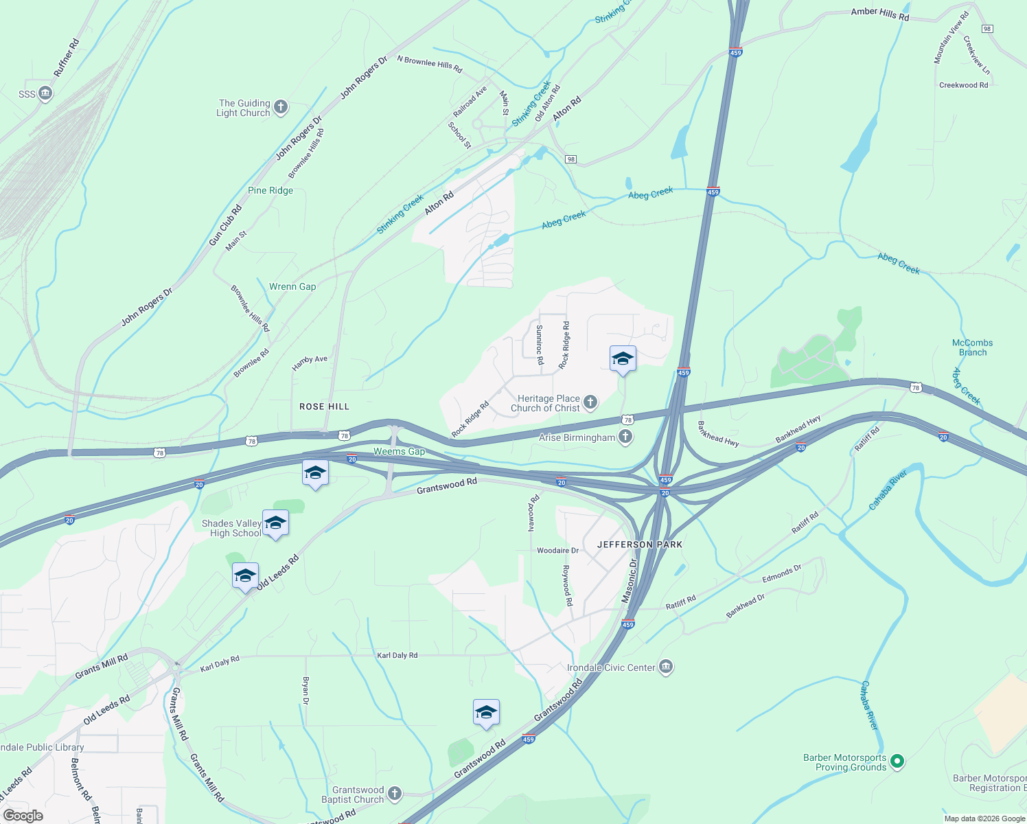 map of restaurants, bars, coffee shops, grocery stores, and more near 3442 Rock Ridge Circle in Irondale
