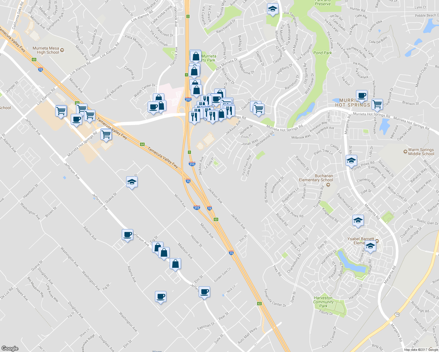 map of restaurants, bars, coffee shops, grocery stores, and more near 40661 Cartier Street in Murrieta