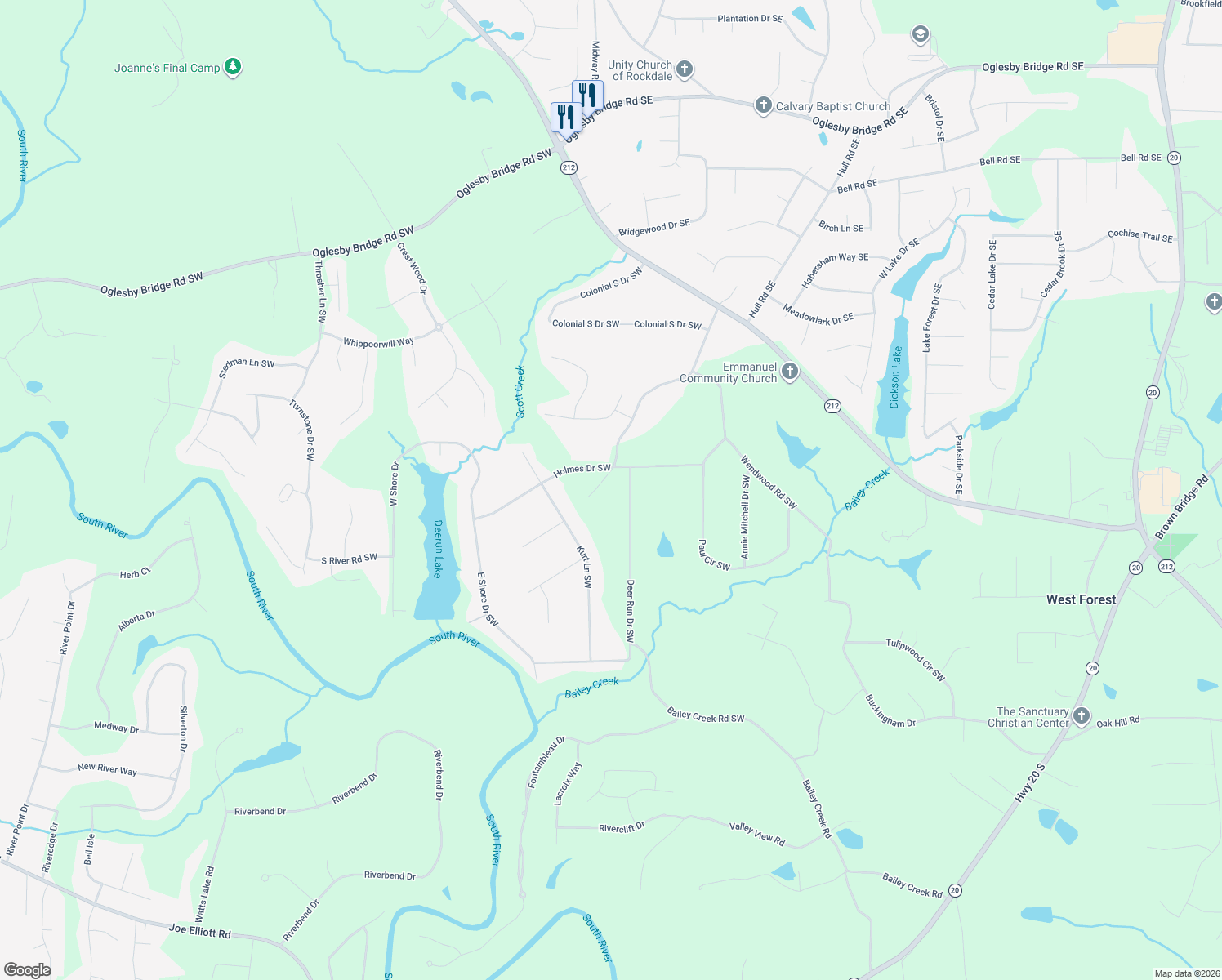 map of restaurants, bars, coffee shops, grocery stores, and more near 5230 Bailey Road Southwest in Conyers