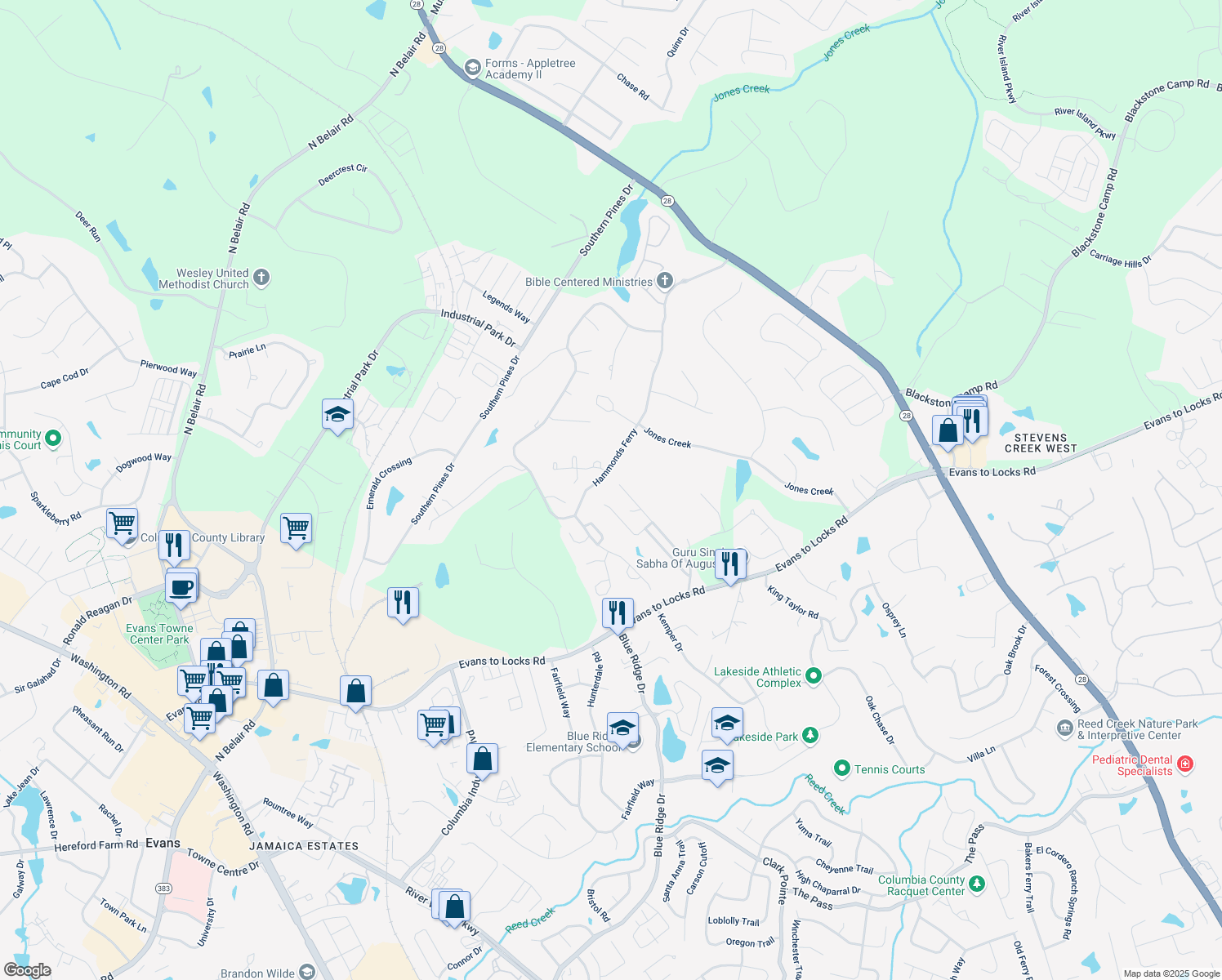 map of restaurants, bars, coffee shops, grocery stores, and more near 750 Jennings Rd in Evans