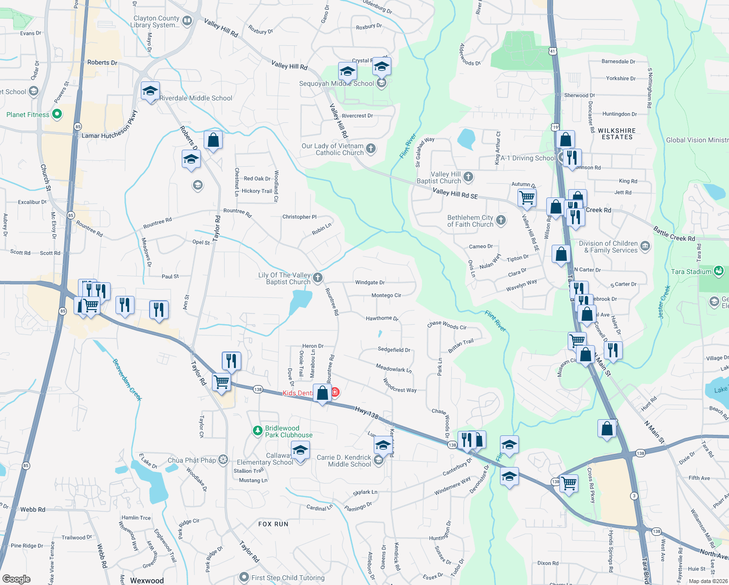 map of restaurants, bars, coffee shops, grocery stores, and more near 50 Montego Circle in Riverdale