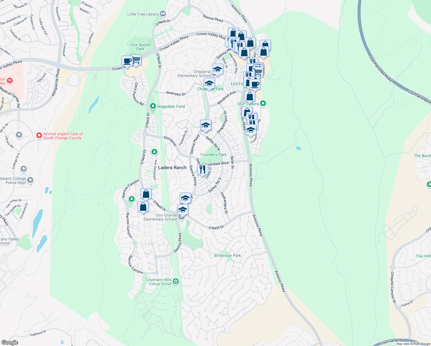 map of restaurants, bars, coffee shops, grocery stores, and more near Strawflower Street in Ladera Ranch
