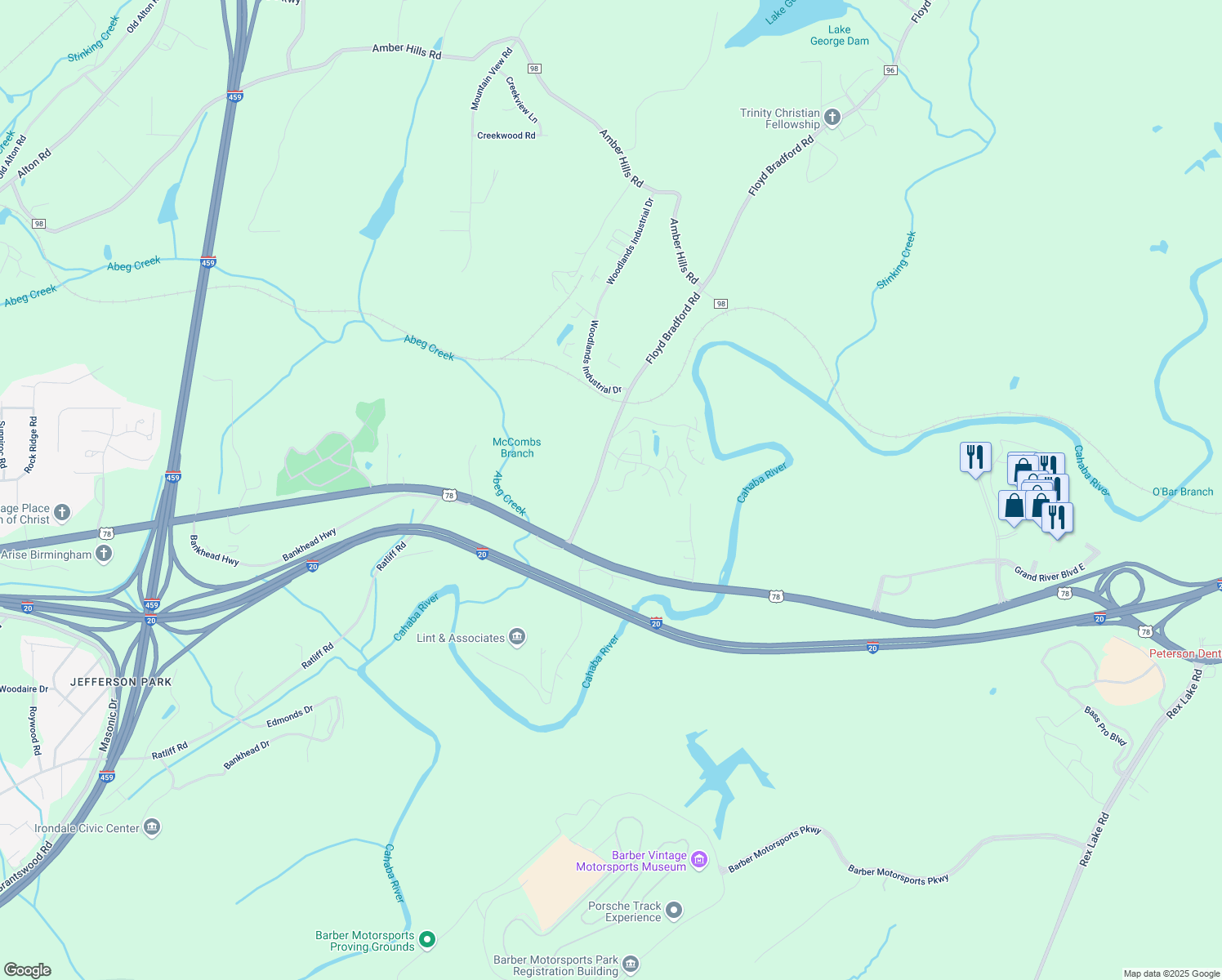 map of restaurants, bars, coffee shops, grocery stores, and more near 1627 Floyd Bradford Road in Trussville