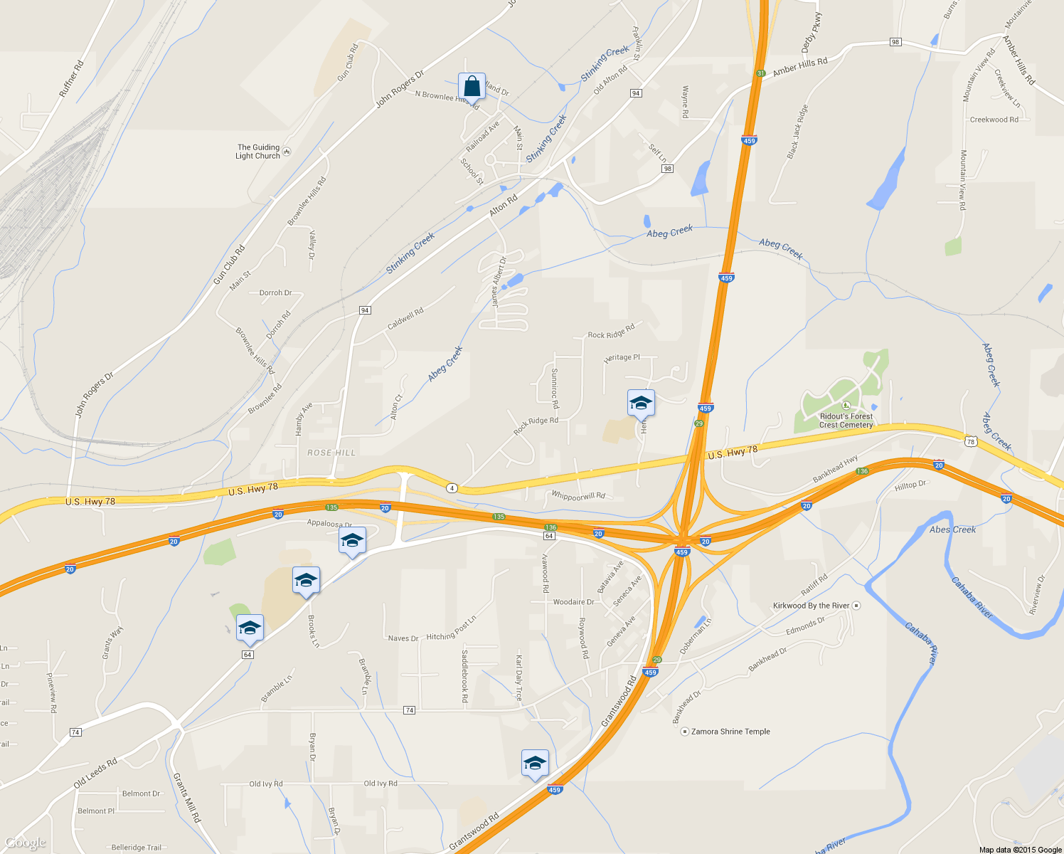 map of restaurants, bars, coffee shops, grocery stores, and more near 3847 Rock Ridge Road in Irondale